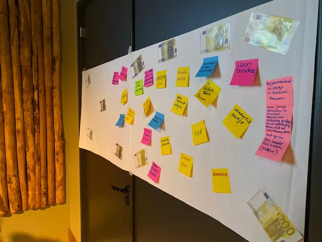 Grote papieren brainstormwand met post-its en eurobiljetten, volgeplakt met persoonlijke doelen en inzichten – visuele uitwerking van wat mensen écht willen.